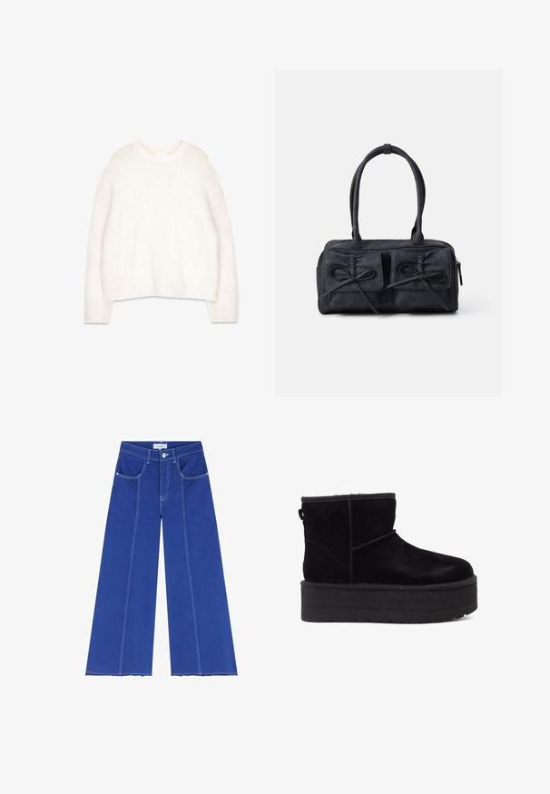 Pull blanc en laine moelleuse avec un col rond, des manches longues et une coupe décontractée. Fabriqué à partir d'un tissu doux et texturé, il présente des poignets et un ourlet côtelés.; Scalpers STITCHING - Jean flare - blue; Bottines en suede noir avec une semelle épaisse et un intérieur doux. Finition avec des accents de couture et une languette arrière pour les enfiler facilement.; Sac à main en tissu noir avec deux poches avant dotées de détails en nœud, deux poignées et fermeture éclair. Texture douce et forme rectangulaire.