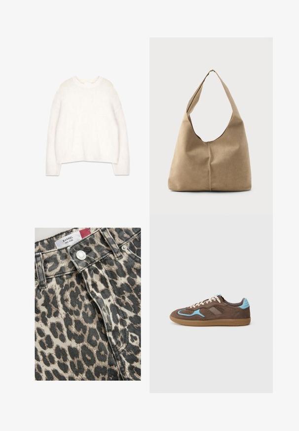 Pull blanc en laine moelleuse avec un col rond, des manches longues et une coupe décontractée. Fabriqué à partir d'un tissu doux et texturé, il présente des poignets et un ourlet côtelés.; Jeans mi-hauteur en jean avec imprimé léopard, présentant un mélange de couleurs beige et noir ; comprend un bouton en métal et une fermeture à l'avant.; Baskets en suède marron avec des touches de bleu clair, lacets blancs et semelle en caoutchouc, présentées en profil sur un fond blanc uni.; Sac hobo en suède beige doux avec une forme décontractée, une large bandoulière et un détail de couture à la main sur le devant.