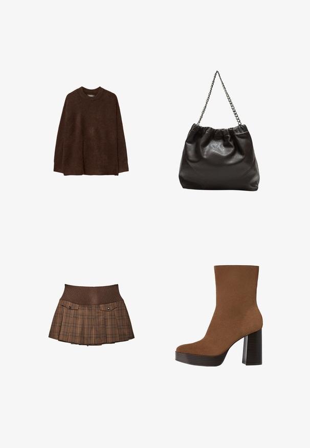 Brauner Strickpullover mit rundem Ausschnitt, überschnittenen Schultern und lockerer Passform. Die Textur wirkt weich und flauschig, was die Wärme verstärkt.; Brauner karierter Rock mit einem gerippten Bund, verfügt über zwei Vorderseiten-Taschen mit Druckknöpfen, plissiertes Design und einen maßgeschneiderten Abschluss.; Braunes Wildleder-Ankle Boot mit runder Spitze, klobigem schwarz gestreiften Absatz und glatter Oberfläche. Besitzt ein enganliegendes Design ohne sichtbare Beschläge.; Braune Lederhandtasche mit gerafftem Oberteil und Kettenriemen. Glatte Textur mit glänzendem Finish und subtilen Nahtdetails an den Seiten.