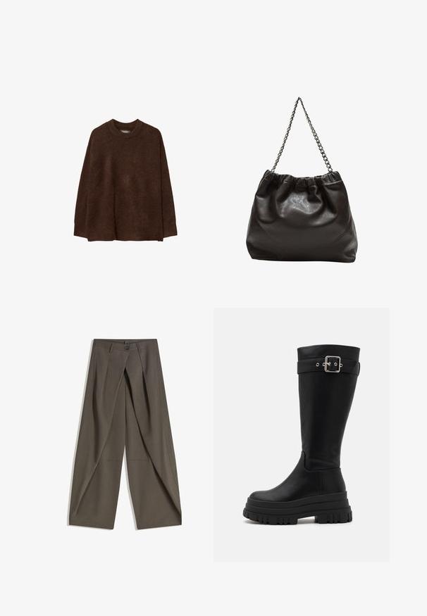 Ruskea neulepaita pyöreällä kaula-aukkolla, roikkuvilla hihoilla ja rentolla istuvuudella. Tekstuuri näyttää pehmeältä ja pörröiseltä, mikä lisää lämpöä.; Laahustetut leveät housut tummasta harmaasta kankaasta. Varustettu etupleatilla, nappikiinnityksellä ja sivutaskuilla käytännöllisyyden vuoksi.; Mustat polvisukat, jotka on valmistettu sileästä nahasta, paksulla kumipohjalla ja metalliset solkiyksityiskohdat yläremmissä.; Ruskea nahkainen laukku, jossa on kerätty yläosa ja ketjuhihna. Tasainen pinta, jossa kiiltävä viimeistely ja hienovaraiset sauman yksityiskohdat sivuilla.