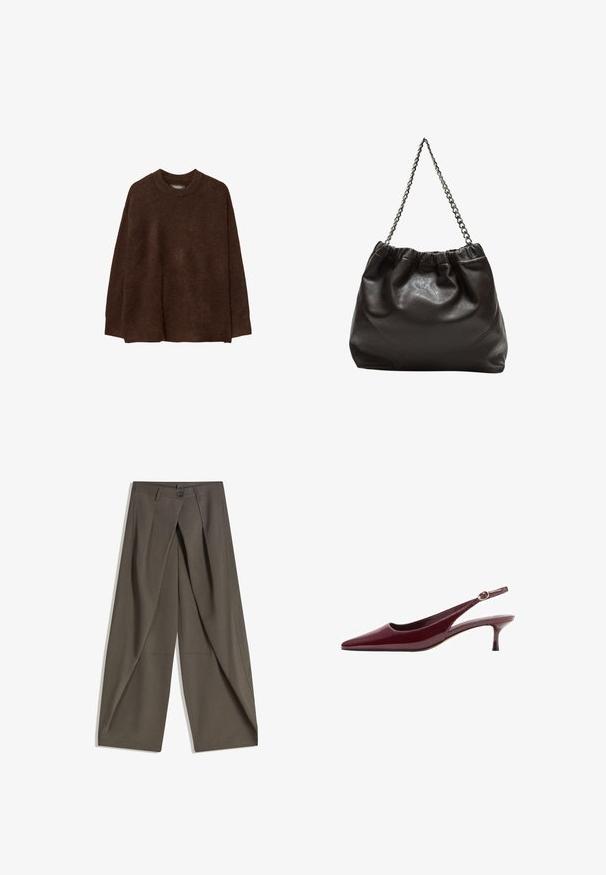 Hnědý pletený svetr s kulatým výstřihem, spadlými rameny a uvolněným střihem. Textura vypadá měkce a huňatě, což zvyšuje teplo.; Kalhoty s širokými nohavicemi vyrobené z texturované tkaniny tmavě šedé barvy. Obsahují přední záhyb, zapínání na knoflík a boční kapsy pro praktičnost.; Burgundské lakované kožené lodičky na podpatku se špičatou špičkou a tenkým, elegantním podpatkem, s detailem zlaté spony na pásku.; Hnědá kožená taška se sbíraným vrškem a řetízkovým popruhem. Hladký povrch s lesklým finišem a jemným švem na bocích.
