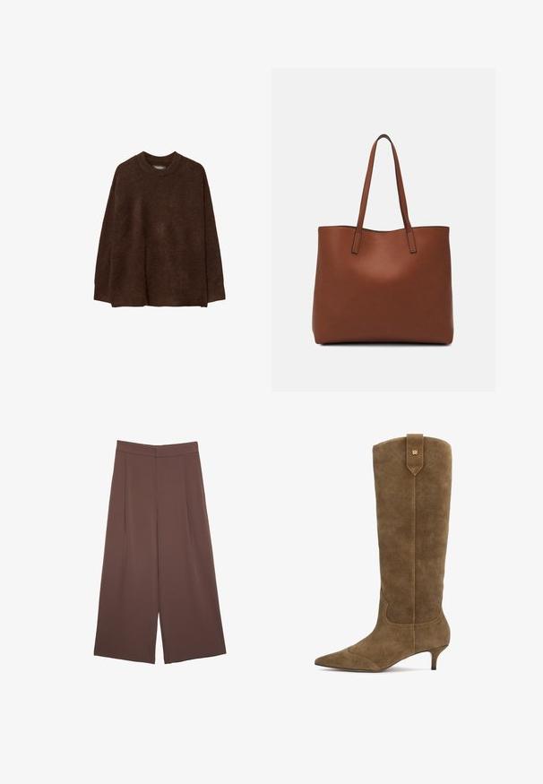 Hnědý pletený svetr s kulatým výstřihem, spadlými rameny a uvolněným střihem. Textura vypadá měkce a huňatě, což zvyšuje teplo.; Hnědé široké kalhoty s hladkou texturou, vysokým pasem a předními záhyby. Materiál je lehký a volně splývá.; Semišové kozačky do kolen v olivově zelené barvě s špičatou špičkou a 5 cm podpatkem, zdobené prošitým designem a zadním poutkem se zlatým akcentem.; Hnědá kožená taška přes rameno s hladkou texturou, otevřeným designem a dvěma ramenními popruhy. Obsahuje minimální švy a žádné viditelné kovové prvky.