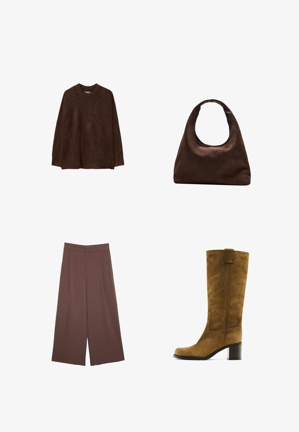 Pull en tricot marron avec un col rond, des épaules tombantes et une coupe décontractée. La texture semble douce et duveteuse, ajoutant à la chaleur.; Pantalons larges marron avec une texture lisse, dotés d'une taille haute et de plis à l'avant. Le tissu est léger et tombe de manière fluide.; Botte en cuir suédine marron, hauteur genou, avec un bout carré et un talon bloc. Présente un panneau latéral et une languette en haut pour un enfilage facile.; Sac à main en toile marron doux de style hobo avec une large sangle unique et une ouverture en haut arrondie, présenté sur un fond blanc.