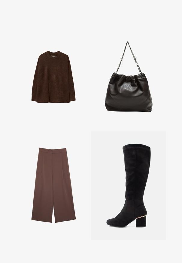 Hnědý pletený svetr s kulatým výstřihem, spadlými rameny a uvolněným střihem. Textura vypadá měkce a huňatě, což zvyšuje teplo.; Hnědé široké kalhoty s hladkou texturou, vysokým pasem a předními záhyby. Materiál je lehký a volně splývá.; Černé vysoké kozačky z měkké semišové kůže, se silnou blokovou patou se zlatým akcentem. Hladký povrch, zaoblený design špičky.; Hnědá kožená taška se sbíraným vrškem a řetízkovým popruhem. Hladký povrch s lesklým finišem a jemným švem na bocích.