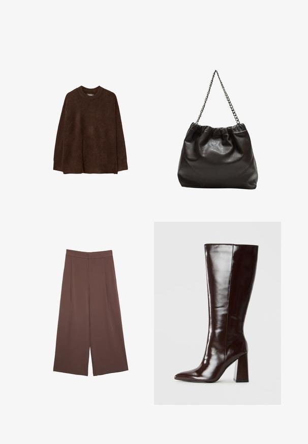 Maglione marrone a maglia con scollatura rotonda, spalle scese e una vestibilità rilassata. La texture appare morbida e pelosa, aumentando il calore.; Pantaloni ampi marroni con una texture liscia, caratterizzati da una vita alta e pieghe frontali. Il tessuto è leggero e scorre liberamente.; Stivali in pelle marrone alti fino al ginocchio con finitura lucida, punta appuntita e tacco largo. Texture liscia e design elegante.; Borsa in pelle marrone con parte superiore arricciata e tracolla a catena. Texture liscia con finitura lucida e dettagli di cucitura sottili sui lati.