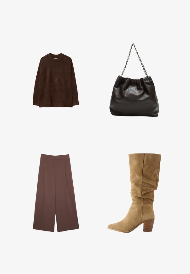 Smeđi pleteni pulover s okruglim izrezom, spuštenim ramenima i opuštenim krojem. Tekstura izgleda mekano i dlačasto, što povećava toplinu.; Smeđe hlače širokog kroja s glatkom teksturom, koje imaju visok struk i nabore sprijeda. Tkanina je lagana i slobodno se kreće.; Smešane smeđe kožne čizme do koljena s opuštenim dizajnom, šiljastim vrhom i drvenim potplatom. Mekana tekstura s vidljivim šavovima.; Smeđa kožna torba s naboranim vrhom i lančićem za nošenje. Glatka tekstura s sjajnim završetkom i suptilnim šavnim detaljima sa strane.