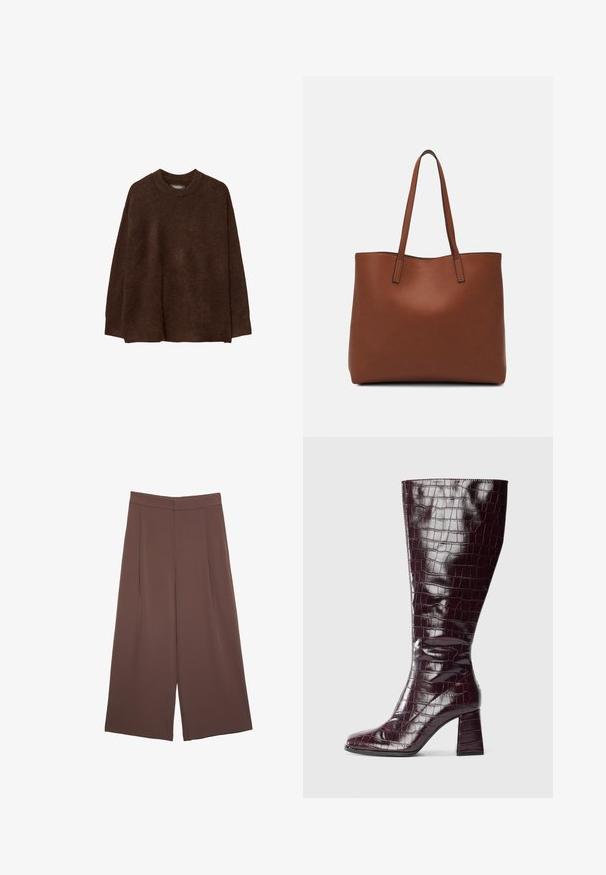 Maglione marrone a maglia con scollatura rotonda, spalle scese e una vestibilità rilassata. La texture appare morbida e pelosa, aumentando il calore.; Pantaloni ampi marroni con una texture liscia, caratterizzati da una vita alta e pieghe frontali. Il tessuto è leggero e scorre liberamente.; Stivale al ginocchio bordeaux scuro con texture coccodrillo e tacco a blocco su uno sfondo bianco, mostrato di lato.; Borsa tote in pelle marrone con texture liscia, design con apertura superiore e due spallacci. Presenta cuciture minime e nessun hardware visibile.