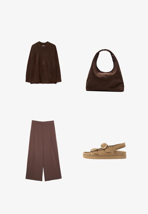 Hnědý pletený svetr s kulatým výstřihem, spadlými rameny a uvolněným střihem. Textura vypadá měkce a huňatě, což zvyšuje teplo.; Hnědé široké kalhoty s hladkou texturou, vysokým pasem a předními záhyby. Materiál je lehký a volně splývá.; Béžové semišové sandály se dvěma nastavitelnými popruhy, zlatými kovovými doplňky a silnou polstrovanou podrážkou pro pohodlí a podporu.; Měkká hnědá kabelka ve stylu hobo s jedním širokým popruhem a zakřiveným horním otvorem, vystavená na bílém pozadí.