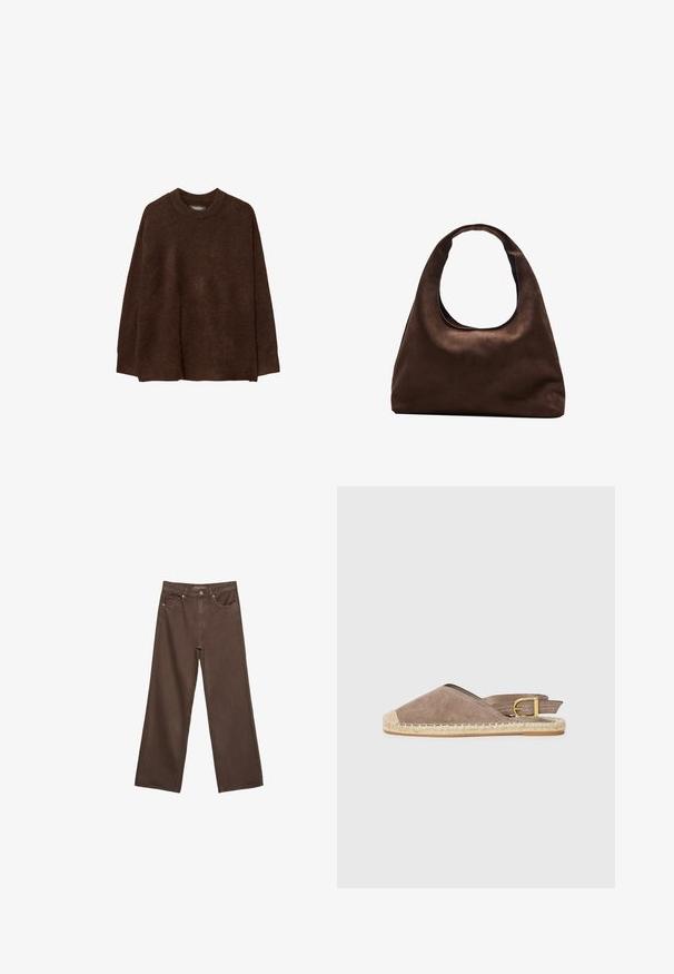 Brun stickad tröja med rund halsringning, sänkt axel och avslappnad passform. Texturen ser mjuk och fluffig ut, vilket ökar värmen.; Breda bruna jeans i denim med hög midja, framfickor och klassisk knäppning. Slät textur med subtil sömnad.; Suedesandaler i taupe med espadrille-design, öppen baksida, jute-sula, platt häl, justerbar spänne och kontrasterande beige tåhuvud.; Mjuk brun hobo-väskastil med ett brett axelband och en rundad öppning upptill, visad på en vit bakgrund.