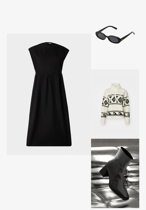Krémový fleecový pulóver s čiernymitribálnymi vzormi. Obsahuje golier s polovičným zipsom a dlhé rukávy. Mäkkučký materiál a voľný strih.; Bally Koktailové šaty/večierkové šaty - black; Čierne členkové topánky vyrobené z lesklého materiálu so štvorcovou špičkou a zúženým podpätkom, na lesklom striebornom podklade s vystuženým vzorom.; Čierne oversized slnečné okuliare s oválnymi šošovkami, hladkým plastovým rámom a zlatými akcentmi na straniciach. Tmavé šošovky poskytujú ochranu pred slnkom.