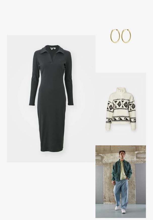 Puli v kremni barvi z črnimi triblnimi vzorci. Ima polovico zadrge in dolge rokave. Mehka tekstura in sproščen kroj.; Črna, dolgosleeve ribičasta obleka s polo ovratnikom in razporkom na dnu. Ima diskreten logo na prsih. Elegantna, oprijeta zasnova.; Zeleno bomber jakno preko svetlo rumenega polo majice, v kombinaciji z ohlapnimi modrimi kavbojkami in belimi supergami. Gladki materiali, sproščen kroj, minimalna oprema.; Zlate kovinske obročaste uhane z gladko površino, krožno obliko in varnim zapiralom. Polirana površina brez vidnih vzorcev ali dodatkov.