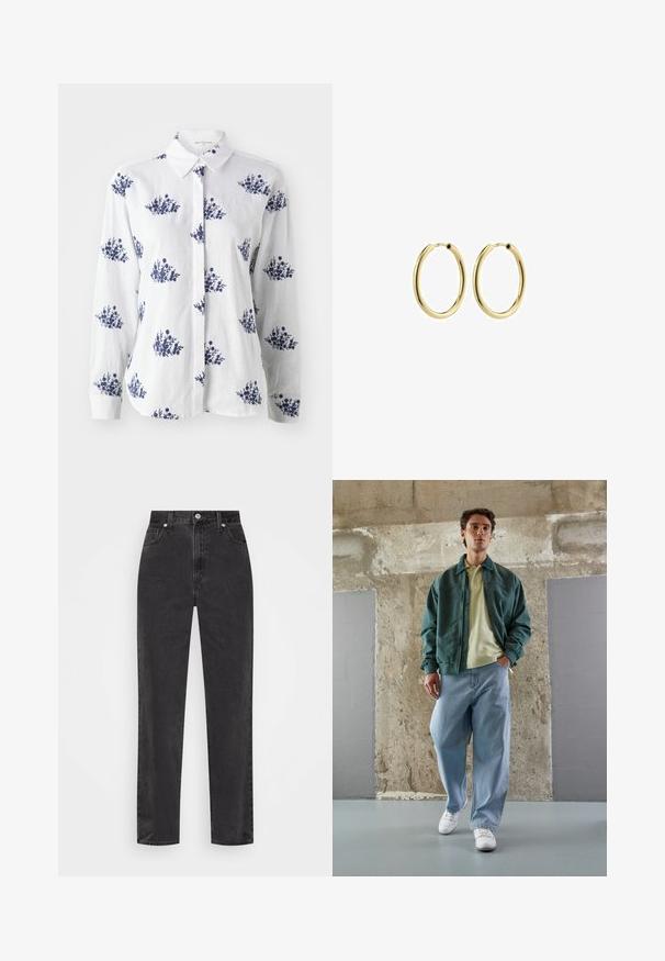 Puli v kremni barvi z črnimi triblnimi vzorci. Ima polovico zadrge in dolge rokave. Mehka tekstura in sproščen kroj.; Bela lanena srajca z modrim cvetličnim vzorcem, s spolnim zapiranjem, klasičnim ovratnikom in dolgimi rokavi s manšetami.; Tri tanke s kratkimi rokavi v mint zeleni, črni in bež barvi; narejene iz rebrastih tkanin z okroglim izrezom in brez rokavov. Vidna oznaka blagovne znamke.; Črne denim hlače s ravnimi nogami in visokim pasom, sprednjim gumbom in zadrgo ter petimi žepi na belem ozadju.; Zeleno bomber jakno preko svetlo rumenega polo majice, v kombinaciji z ohlapnimi modrimi kavbojkami in belimi supergami. Gladki materiali, sproščen kroj, minimalna oprema.; Zlate kovinske obročaste uhane z gladko površino, krožno obliko in varnim zapiralom. Polirana površina brez vidnih vzorcev ali dodatkov.
