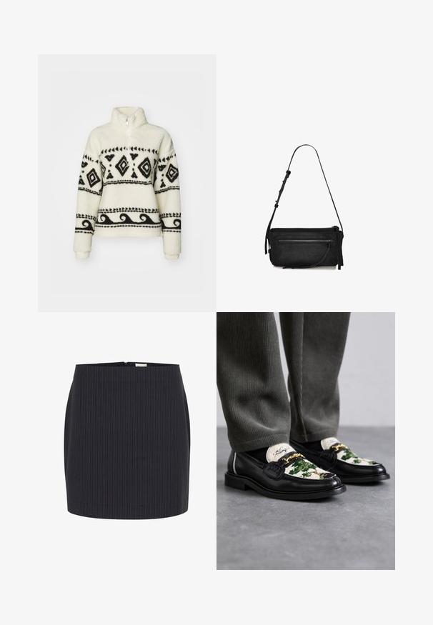 Fleece pullover in crèmekleur met zwarte tribale patronen. Voorzien van een halve rits kraag en lange mouwen. Zachte textuur en een relaxte pasvorm.; Donkerblauwe rok met verticale witte streepjes, slim fit, gladde textuur en achterrits, omzoomd aan de onderkant.; Zwarte lederen instappers met een decoratieve groene en witte textielen bovenkant. Voorzien van een gouden kettingaccent en een gestructureerde zwarte zool.; Zwarte leren handtas met een enkele verstelbare schouderband, rechthoekige vorm, voorvak met rits en een subtiele textuurafwerking.