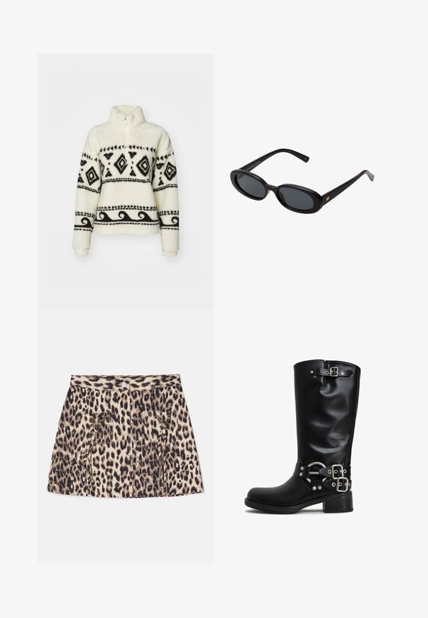 Fleece-pullovari kreemivärvi mustade tribalmustritega. Omab pooltõmbe kraed ja pikki varrukaid. Pehme tekstuur ja mugav lõige.; Leopardikuosisella denim-mekolla, jossa on korkea vyötärö, etunapit ja kaksi sivutaskua, joissa on nyörityksestä yksityiskohtia.; Mustat polvipituiset saappaat, jotka on valmistettu sileästä synteettisestä materiaalista. Varusteena hopeanvärisiä solkia ja korostusrenkaita. Tukeva neliönmuotoinen korko.; Mustat ylisuuruiset aurinkolasit, jotka ovat soikeat linssit, sileä muovikehys ja kultaiset korostukset temppeleissä. Tummat linssit tarjoavat suojaa auringolta.; Mustan nahkainen käsilaukku, jossa on yksi säädettävä hihna, suorakaiteen muotoinen, etupuolella vetoketjulla varustettu tasku ja hillitty teksturoitu pinta.