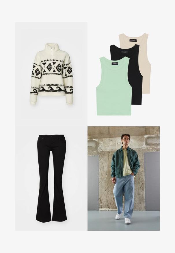 Fleece pullover in cream with black tribal patterns. Features a half-zip collar and long sleeves. Soft texture and relaxed fit.; Three tank tops in mint green, black, and beige; made of ribbed fabric with a round neckline and no sleeves. Brand label visible.; Black flared jeans made of denim, featuring a zip fly, five pockets, and a fitted waist that extends to a flared hem at the ankles.; Green bomber jacket over a light yellow polo, paired with loose blue jeans and white sneakers. Smooth fabrics, relaxed fit, minimal hardware.