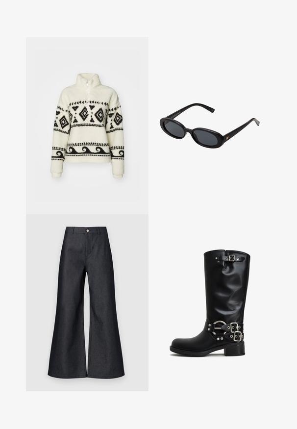 Polarowy półgolf w kremowym kolorze z czarnymi wzorami tribalnymi. Posiada zamek błyskawiczny do połowy kołnierza i długie rękawy. Miękka tekstura i luźny krój.; Ciemnoniebieskie spodnie o szerokich nogawkach z wysokim stanem, wyposażone w zapięcie na guzik z przodu, paski i gładką teksturę. Czysty design bez widocznych wzorów.; Czarne kozaki do kolan wykonane z gładkiego materiału syntetycznego. Posiadają srebrzyste klamry i akcentowy pierścień. Gruby kwadratowy obcas.; Czarne, oversize okulary przeciwsłoneczne z owalnymi soczewkami, gładkim plastikowym mostkiem i złotymi akcentami na zausznikach. Ciemne soczewki zapewniają ochronę przed słońcem.; Czarna skórzana torebka na ramię z jedną regulowaną rączką, prostokątnym kształtem, przednią kieszenią na zamek oraz subtelnym teksturowanym wykończeniem.