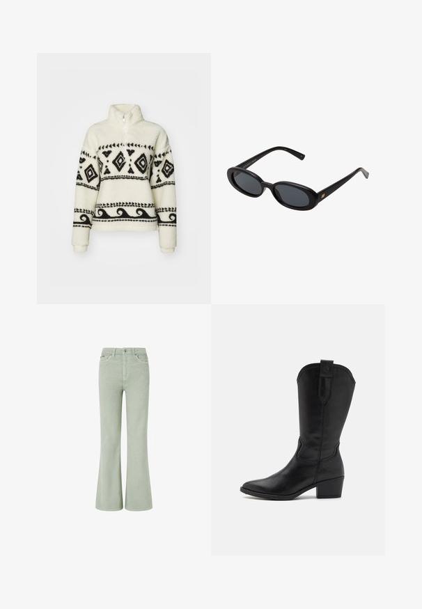 Sudadera de borreguito en color crema con patrones tribales en negro. Presenta un cuello con media cremallera y mangas largas. Textura suave y corte relajado.; Jeans de pana verdes de pernera acampanada con una cintura de altura media, que presentan bolsillos frontales, un cierre de botón y una textura suave.; Bota vaquera de cuero negro con punta afilada, de altura hasta el tobillo y tacón apilado. Presenta costuras decorativas y una lengüeta.; Gafas de sol grandes de color negro con lentes ovalados, montura de plástico suave y detalles dorados en las patillas. Los lentes oscuros ofrecen protección solar.