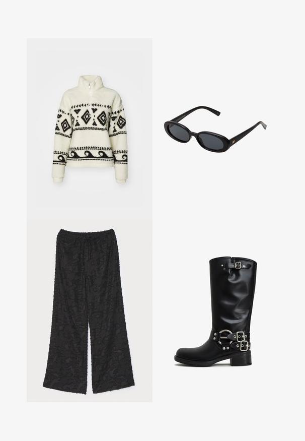 Pull-over en polaire crème avec des motifs tribaux noirs. Doté d'un col zippé mi-hauteur et de manches longues. Texture douce et coupe décontractée.; Pantalons larges noirs en tissu texturé avec un motif floral. Dotés d'une taille élastique avec un cordon de serrage pour un ajustement réglable.; Bottes noires montantes en matériau synthétique lisse. Elles comportent des boucles en métal argenté et un anneau d'accent. Talon carré épais.; Lunettes de soleil noires surdimensionnées avec des verres ovoïdes, monture en plastique lisse et accents dorés sur les tempes. Les verres sombres offrent une protection contre le soleil.; Sac à main en cuir noir avec une seule bandoulière réglable, de forme rectangulaire, poche zippée à l'avant et finition texturée subtile.