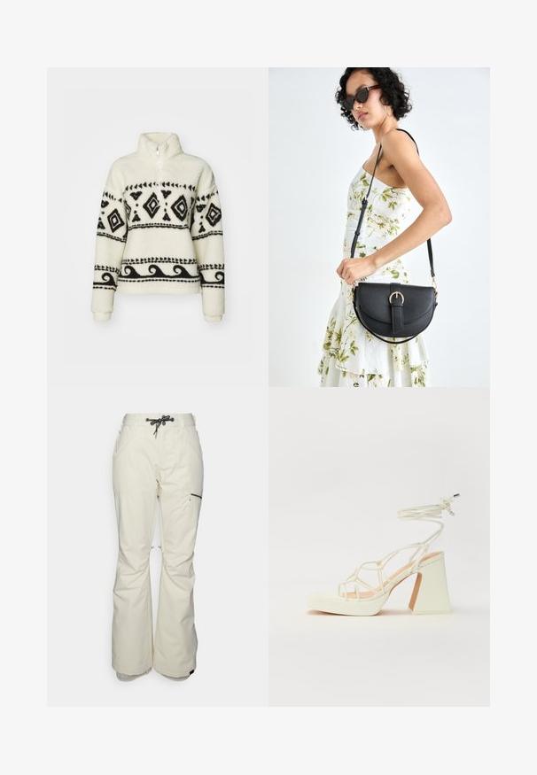 Fleece-Pullover in Creme mit schwarzen Tribal-Mustern. Verfügt über einen halben Reißverschlusskragen und lange Ärmel. Weicher Stoff und lockere Passform.; Weiße Schneehosen mit einem Kordelzugbund, zippered Seitentasche und weit ausgestellten Beinen. Hergestellt aus strapazierfähigem, wetterfestem Material.; Weiße High-Heel-Sandale mit einem klobigen Absatz, die über ein Riemchendesign und ein Knöchelband verfügt. Glatte Textur mit einer Plattform vorne für zusätzliche Höhe.; Schwarze Lederhandtasche mit geschwungener Form, abnehmbarem Tragegurt und goldenen Beschlägen. Die Tasche verfügt über einen Deckel mit einer Schnallen-Details.