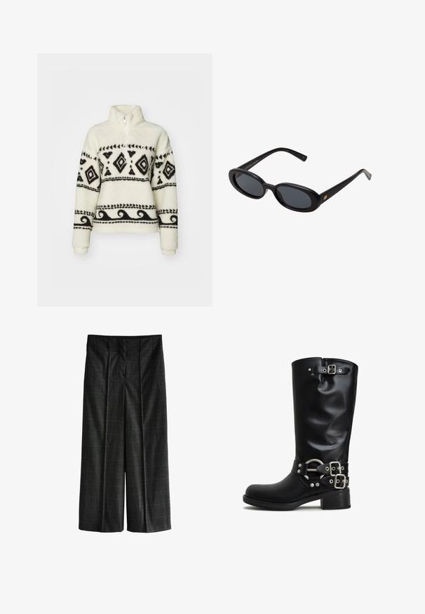 Fleece pullover in cream with black tribal patterns. Features a half-zip collar and long sleeves. Soft texture and relaxed fit.; Checkered wide-leg trousers in dark gray with subtle green and brown accents. Features front pleats and a fitted waistband.; Black knee-high boots made of smooth synthetic material. Features silver-tone buckles and an accent ring. Chunky square heel.; Black oversized sunglasses with oval lenses, smooth plastic frame, and gold accents on temple. Dark lenses provide sun protection.; Black leather handbag with a single adjustable strap, rectangular shape, front zip pocket, and subtle textured finish.