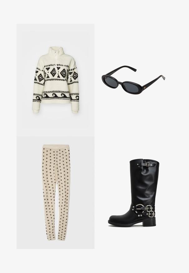 Polarowy półgolf w kremowym kolorze z czarnymi wzorami tribalnymi. Posiada zamek błyskawiczny do połowy kołnierza i długie rękawy. Miękka tekstura i luźny krój.; Beżowe legginsy o miękkiej teksturze, z całkowitym nadrukiem małych ciemnych kwiatów. Elastyczny pas dla wygodnego dopasowania.; Czarne kozaki do kolan wykonane z gładkiego materiału syntetycznego. Posiadają srebrzyste klamry i akcentowy pierścień. Gruby kwadratowy obcas.; Czarne, oversize okulary przeciwsłoneczne z owalnymi soczewkami, gładkim plastikowym mostkiem i złotymi akcentami na zausznikach. Ciemne soczewki zapewniają ochronę przed słońcem.; Czarna skórzana torebka na ramię z jedną regulowaną rączką, prostokątnym kształtem, przednią kieszenią na zamek oraz subtelnym teksturowanym wykończeniem.