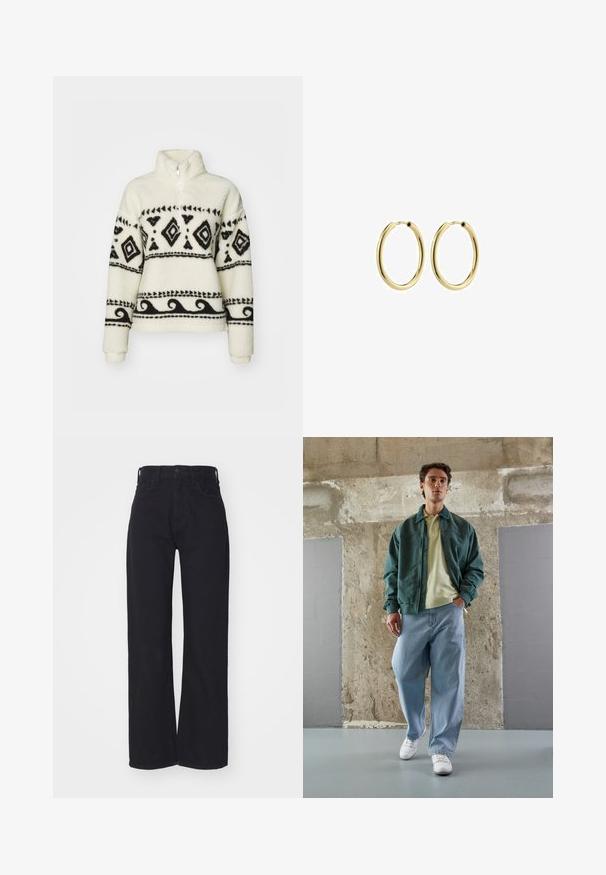 Kreemivärviline fliispullover mustade tribaalmustritega. Omab pooltõmblukuga kaelust ja pikki varrukaid. Pehme tekstuur ja mugav lõige.; Mustad kõrge vöökoha ja laiad varrukad teksad esi nööbiga ja lukuga, vöökohaga aasadega ja kahe ettehitatud taskuga valgel taustal.; Roheline bomber jaki kerge kollase polo peal, koos laia sinise teksapükste ja valgete tossudega. Siledad kangad, mugav istuvus, minimaalne riistvara.; Kuldmetallist rõngas kõrvarõngad siledapinnaga, ringikujulised ja kindla kinnitusega. Poleeritud pind, ilma nähtavate mustrite või aktsentideta.