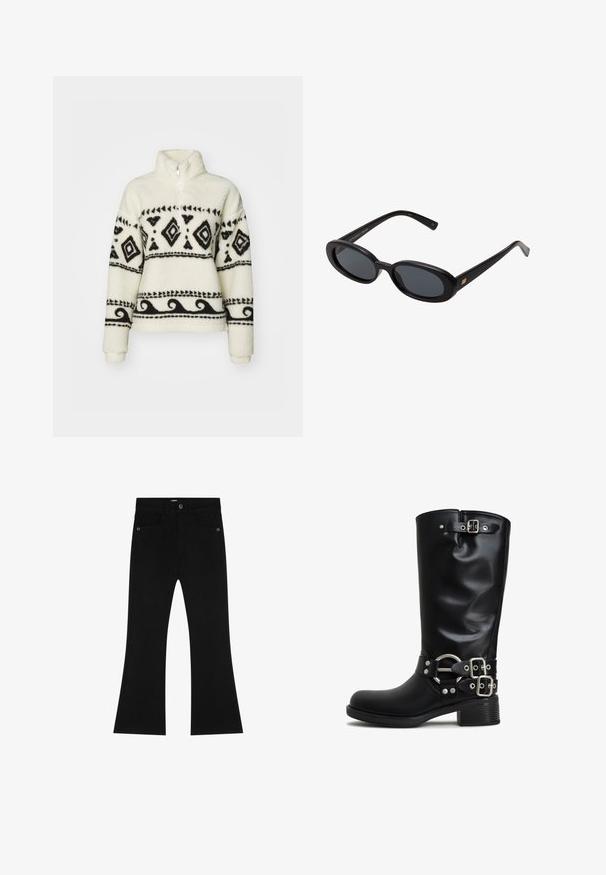 Pullover in pile color crema con motivi tribali neri. Presenta un collo con mezza zip e maniche lunghe. Texture morbida e vestibilità rilassata.; Scalpers Jeans bootcut - black; Stivali neri al ginocchio realizzati in materiale sintetico liscio. Presentano fibbie in tonalità argento e un anello decorativo. Tacco quadrato spazzolato.; Occhiali da sole neri oversize con lenti ovali, montatura in plastica liscia e accenti dorati sulle tempie. Le lenti scure offrono protezione dal sole.; Borsa a tracolla in pelle nera con una sola tracolla regolabile, forma rettangolare, tasca frontale con zip e finitura testurizzata sottile.
