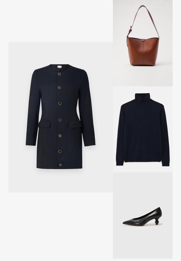 Pullover turtleneck blu navy con maniche lunghe, realizzato in morbido tessuto a maglia. Caratterizzato da colletto e polsini a costine, con un design semplice e senza motivi.; Cappotto nero con maniche lunghe, scollo rotondo e chiusura con sei bottoni dorati, dotato di due tasche frontali e una trama di tessuto liscia.; Scarpa con tacco alto in pelle nera, con punta affilata e tacco arrotondato e bombato. Texture liscia con un design elegante e minimalista.; Borsa a spalla in pelle marrone con forma curvata, texture liscia e una sottile tracolla. Presenta una cucitura discreta e un piccolo dettaglio con logo.