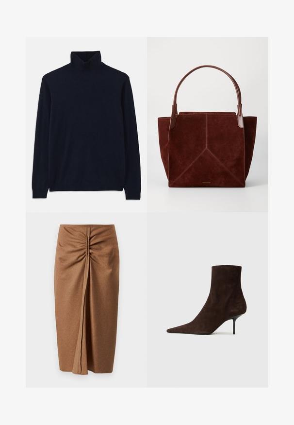 Kék garbó pulóver hosszú ujjal, puha kötött anyagból készült. Bordázott gallérral és mandzsettával rendelkezik, egyszerű dizájnja van, minta nélkül.; Barna midi szoknya puha textúrával, oldalsó ráncolással és előlhasítékkal. Egyszerű dizájn sima felülettel, díszítések nélkül.; Barna velúr bokacsizma hegyes orral és vékony, magas sarkal. Az egész cipő elegáns sziluettel és sima felülettel rendelkezik.; Burgundy velúr táska barna bőr fogantyúkkal, geometrikus varrási mintával és arany logóval az alján. Tágas és struktúrált forma.