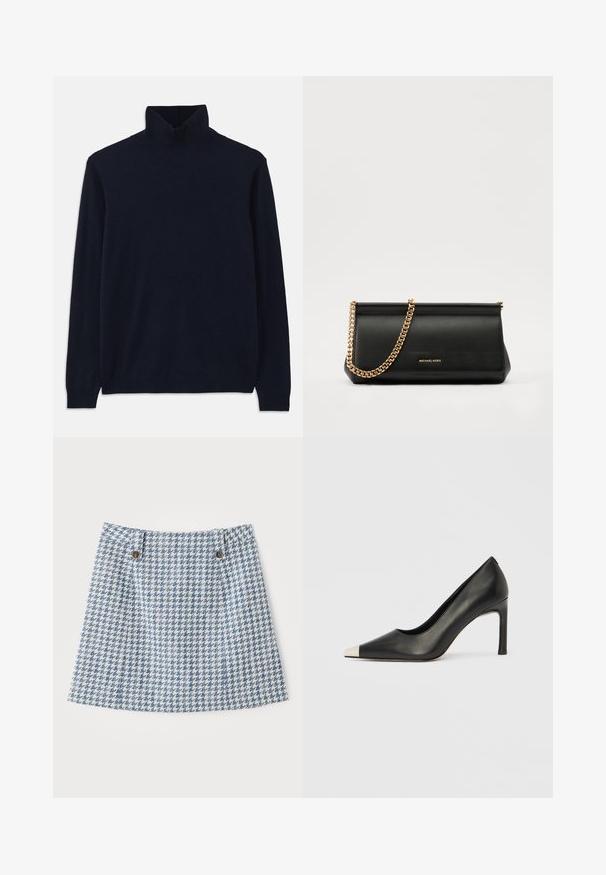 Jūros jėgos tvido megztinis su ilgomis rankovėmis, pagamintas iš minkštos megztos medžiagos. Yra raukinis apykaklėje ir rankovėse, paprastas dizainas, be raštų.; Mėlynai ir baltai pažymėta houndstooth rašto sijonas su įlinkusia forma, turintis du priekiniai mygtukai ir tekstūruota audinio medžiaga.; Juodas odinis aukštakulnis batelis su smailia nosimi ir metaliniu sidabriniu galiuku. Turi lygų paviršių ir ploną 10 cm kulną.; Juodas odinis delninukas su auksine grandine, turintis lygų paviršių, stačiakampį išmatavimą ir įspaustą prekės ženklą priekyje.