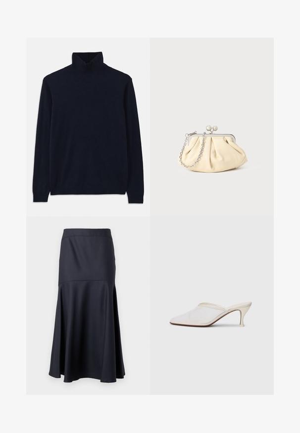 Chandail col roulé navy à manches longues, fabriqué en tissu tricot doux. Présente un col et des poignets côtelés, avec un design simple et sans motifs.; Jupe noire taille haute en A avec une couture sous les hanches, s'élargissant vers l'ourlet, présentée sur un fond uni.; Mule blanches en mesh avec un bout pointu, un talon moyen élancé et un design à enfiler, sur un fond uni.; Pochette en cuir beige plissé avec un cadre en métal argenté, dotée de deux fermoirs ronds décoratifs et d'une chaîne en argent.