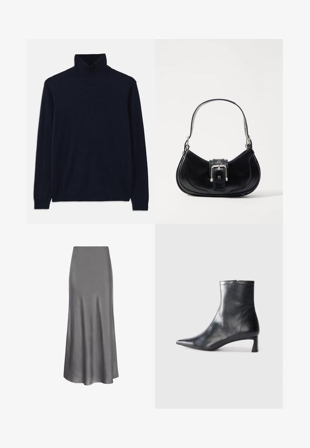 Navy turtleneck sweater with long sleeves, made from soft knit fabric. Features ribbed collar and cuffs, with a simple design and no patterns.; Moves HEBRY - Maxi skirt - castlerock; Black leather ankle boot with a pointed toe and a sleek design. Features a low heel and a zipper closure at the back. Smooth texture.; Black leather handbag with a curved design, featuring a central buckle detail and a short, smooth handle. Textured accents enhance its appearance.