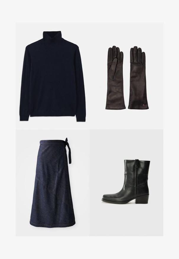 Pulover de culoare bleumarin, cu guler înalt și mâneci lungi, realizat dintr-un material tricotat moale. Prezintă un guler și manșete ribbate, cu un design simplu și fără modele.; Fustă din denim albastru închis, cu o croială tip wrap și talie legată, având cusături diagonale și o textură netedă. Lungimea se extinde până just sub genunchi.; Botine din piele neagră, cu vârf rotund, toc pătrat, fermoar pe lateral și accente de cusături pe partea superioară. Textură netedă, design clasic.; Weekend Max Mara SENAPE - Mănuși - nero