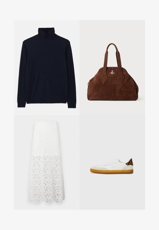 Marinblå polotröja med långa ärmar, tillverkad av mjukt stickat tyg. Har en ribbad krage och mudd, med en enkel design utan mönster.; Maje JOZIMALO - Maxikjol - ecru; Vit sneaker med strukturerad mocka och läderöverdel, med en leopardmönstrad accent på hälen och en gummigummisula.; Brun mockaskinnsväsk med en strukturerad form, rundad kropp och avlånga, diamantformade handtag. Har en silverfärgad låsning.