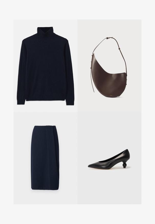 Pulover de culoare bleumarin, cu guler înalt și mâneci lungi, realizat dintr-un material tricotat moale. Prezintă un guler și manșete ribbate, cu un design simplu și fără modele.; Fustă bleu închis, tip creion, cu o textură netedă, având un detaliu de plisare pe lateral. Confecționată dintr-un material moale, are un design drept și o tăietură până la genunchi.; Pantofii cu toc înalt din piele neagră, cu vârf ascuțit și toc rotund, mimos. Textură netedă, cu un design elegant și minimalist.; Geantă din piele maro cu o formă curbată, curea unică și un design minimalist. Prezintă un logo subtil și accente din aur.