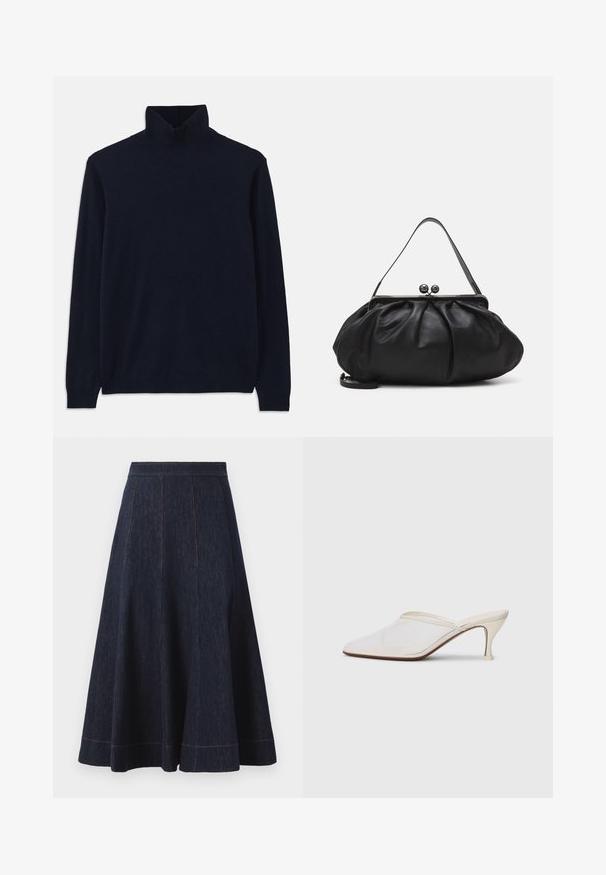 Marineblauer Rollkragenpullover mit langen Ärmeln, hergestellt aus weichem Strickmaterial. Verfügt über einen gerippten Kragen und Bündchen, mit einem schlichten Design und ohne Muster.; Dunkelblaue Jeans-Shorts mit einem ausgestellten Schnitt, die vertikale Nahtdetails und kontrastierende orangefarbene Nähte am Saum aufweisen.; Weiße Mesh-Pantoletten mit spitzer Zehenform, schlankem Mittelabsatz und Slip-On-Design vor einem schlichten Hintergrund.; Schwarze Lederhandtasche mit einer runden, gefalteten Form. Verfügt über einen metallischen Verschluss mit zwei dekorativen Kugeln und einem schmalen, abnehmbaren Tragegurt.; Goldfarbene Ohrstecker mit einem Saturn-Design, das ein strukturiertes Band und eingebaute runde Kristalle für zusätzlichen Glanz aufweist.