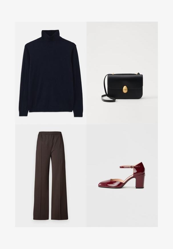 Navy ražas džemperis ar garām piedurknēm, izgatavots no mīkstas adīšanas auduma. Ar ribotām apkaklēm un aprocēm, ar vienkāršu dizainu un bez rakstiem.; Gari pamatkrāsas tumši brūnas bikses ar elastīgu jostasvietu, kas izceļas ar gludu tekstūru un vienkāršām līnijām, nodrošinot elegantu izskatu.; Burgundijas lakota āda ar norādītu pirkstu, potītes siksnu un kvadrātveida papēdi. Iezīmē izgriezuma dizains gar sāniem.; Melnas ādas rokassomu ar strukturētu taisnstūra formu. Iespējas zelta ovāla slēdzis un plāns plecu siksna. Gluda tekstūra.
