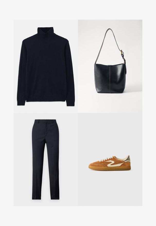 Granatowy sweter z golfem i długimi rękawami, wykonany z miękkiej dzianiny. Posiada ryfrowany kołnierz i mankiety, cechując się prostym, jednolitym wzorem bez żadnych zdobień.; Granatowe spodnie dopasowane o prostym kroju, o gładkiej fakturze, z dwoma przednimi kieszeniami i czystym pasem.; Zamszowe sneakersy w kolorze brązowym i kremowym, z unikalnym wzorem w zygzaki, beżowymi sznurówkami i gumową podeszwą. Metaliczne akcenty na pięcie.; Czarna skórzana torba na ramię o gładkiej teksturze, z cienkim, długim paskiem i subtelnym przeszyciem na środku.