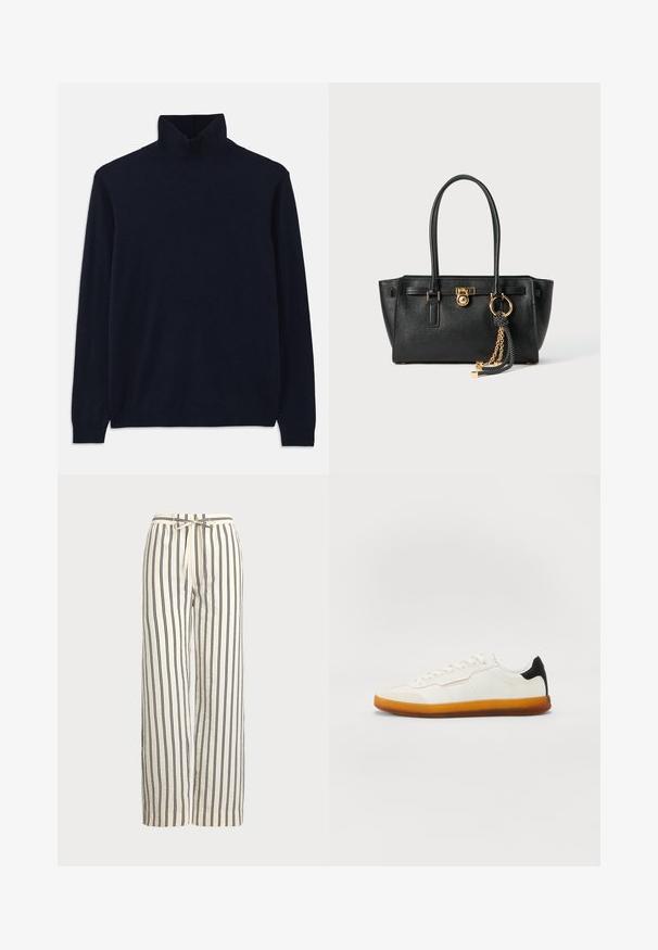 Merin turtleneck-neulepaita pitkillä hihoilla, valmistettu pehmeästä neuloksesta. Sisältää ribbineulan kauluksessa ja hihoissa, yksinkertainen malli ilman kuoseja.; Valkoiset leveät lahkeet vaatteet, joissa on pystysuuntaisia tummansiniä raitoja. Ominaisuuksina joustava vyötärö, jossa on kiristysnauha, tarjoten rennon istuvuuden ja tekstuurin.; Valkoiset tennarit, joissa on sileä nahkapinta, musta kantapään korostus ja oranssi kumipohja; varusteena nauhat ja minimalistiset muotoilulinjat.; Musta nahkainen käsilaukku, jossa on kaksinkertaiset kahvat, kultainen lukko ja ketjuyksityiskohta, sekä musta-valkoinen tupsu koriste, valkoista taustaa vasten.