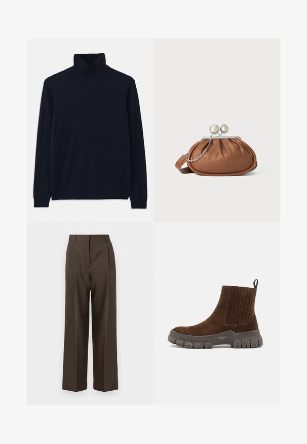 Kék garbó pulóver hosszú ujjal, puha kötött anyagból készült. Bordázott gallérral és mandzsettával rendelkezik, egyszerű dizájnja van, minta nélkül.; Barna, bő szárú nadrág sima textúrával, magas derékkal, elülső pleat-ekkel és testre szabott kialakítással. Nincsenek látható zsebek vagy díszítések.; WEEKEND MaxMara GENEPI - Platform bokacsizmák - moro; Barna bőrből készült clutch táska ezüst gömb záróval és kis ezüst lánc díszítéssel, fehér háttéren.