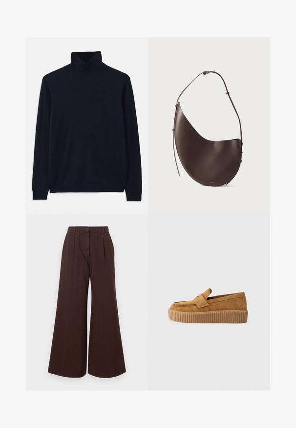 Suéter de cuello cisne de color navy con mangas largas, confeccionado en suave tejido de punto. Presenta un cuello y puños acanalados, con un diseño sencillo y sin estampados.; Pantalones marrones de pierna ancha de talle alto con cierre de botón y cremallera, trabillas para cinturón y pinzas delanteras.; Mocasín de ante marrón con punta redonda, presentado con una suela de plataforma estriada y una cinta decorativa en la parte superior.; Bolso de cuero marrón con forma curva, correa única y diseño minimalista. Presenta un logotipo sutil y acentos en dorado.