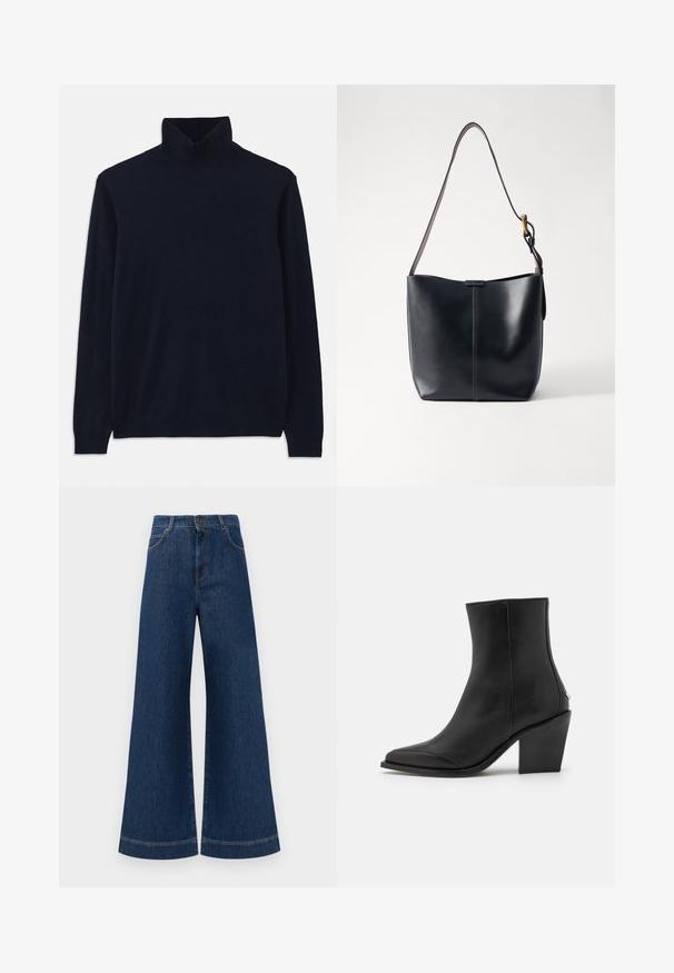 Tumesinine kõrge kaelusega sviiter, millel on pikad varrukad ja mis on valmistatud pehmest kudumist. Omab soonikserva kaelas ja varrukates, lihtsa disaini ja ilma mustriteta.; Laia siniste denim pükste suur jalg, kõrge vöökoht, nupuga kinnitamine, vöökohad ja peened õmblusdetailid taskute ja äärte ääres.; Mustad must nahkvariant, millel on terav varvas, plokk-kand ja peenes külgmises detailides. Sile tekstuur koos minimalistliku disainiga.; Mustast nahast õla kott, millel on sile tekstuur, õhuke pikk rihm ja diskreetne õmblusdetail keskosas.
