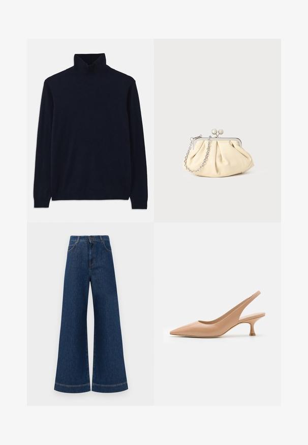 Merin turtleneck-neulepaita pitkillä hihoilla, valmistettu pehmeästä neuloksesta. Sisältää ribbineulan kauluksessa ja hihoissa, yksinkertainen malli ilman kuoseja.; Siniset farkut leveällä lahkeella ja korkealla vyötäröllä, jossa on nappikiinnitys, vyölenkit sekä huomaamattomat tikkaus yksityiskohdat taskuissa ja lahkeissa.; Stuart Weitzman SLINGBACK - Avokkaat - nude; Beige nahkaista kassi, jossa on laskostus ja hopeinen metallirunko, kaksi pyöreää koristeellista solkea sekä hopeaketjuolkayh.