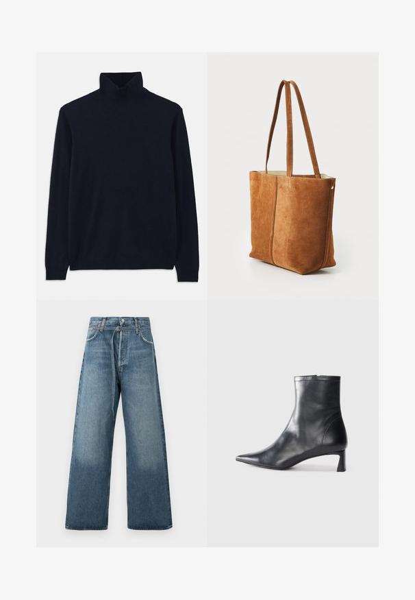 Chandail col roulé navy à manches longues, fabriqué en tissu tricot doux. Présente un col et des poignets côtelés, avec un design simple et sans motifs.; Jeans évasés bleu en délavé, fabriqués en denim avec des accents de couture visibles et une fermeture à bouton à la taille.; Bottine en cuir noir avec un bout pointu et un design épuré. Présente un petit talon et une fermeture éclair à l'arrière. Texture lisse.; Sac fourre-tout en suède marron avec deux longues poignées, une texture lisse et des détails cousus, présentant un design simple et structuré.
