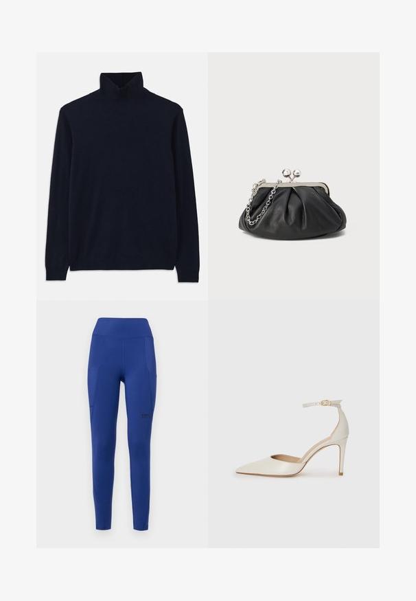Suéter de cuello cisne de color navy con mangas largas, confeccionado en suave tejido de punto. Presenta un cuello y puños acanalados, con un diseño sencillo y sin estampados.; Leggings activos azul navy con una cinturilla alta, bolsillos laterales y un logotipo sutil. Fabricados con un tejido elástico y suave con una forma ajustada.; Zapato de tacón alto de cuero blanco con punta afilada, correa en el tobillo y un delgado tacón de aguja. Textura lisa con un sutil acabado brillante.; Clutch de cuero negro con textura arrugada, marco de metal en tono plateado, cierre de beso y cadena para colgar. Superficie suave y lisa.