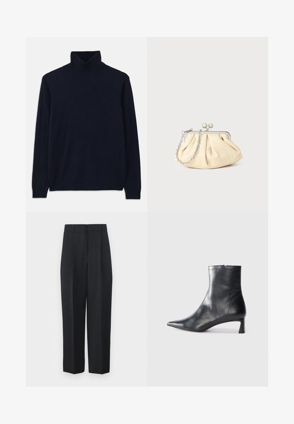Kék garbó pulóver hosszú ujjal, puha kötött anyagból készült. Bordázott gallérral és mandzsettával rendelkezik, egyszerű dizájnja van, minta nélkül.; WEEKEND MaxMara RONCHI - Nadrágok - blu; Fekete bőr bokacsizma hegyes orral és letisztult dizájnnal. Alacsony sarka és hátsó cipzáras záródása van. Simának tűnő textúra.; Pleátolt bézs bőr válltáska ezüst fém kerettel, két kerek díszcsattal és ezüst lánc pánttal.
