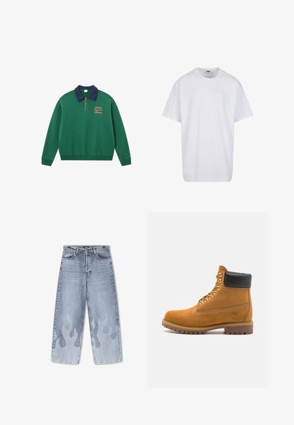 Zaļš sporta krekls ar tumši zilu apkakli, zelta izšuvumu un ribotiem pūkām. Iezīme ir prašanas dizains un mīksts, teksturēts audums. Klasisks sportisks stils.; Balta kokvilnas T-kreklu ar īsām piedurknēm, apaļu kakla izgriezumu, brīvu piegriezumu un bez redzamām logo vai rakstiem. Gluda tekstūra un minimālistisks dizains.; Gai zili denima bikses ar platu kāju Griezienu; apakšējām kājām ir smalka liesmu raksta motīvs gaišākā tonī. Klasisks piecu kabatu dizains.; Brūna zamša potīte ar melnu izšuvumu ap kaklu, zelta metāla acu caurumi, balta šuvju apdare un izturīgs gumijas zole ar izteiktu zīmējumu.