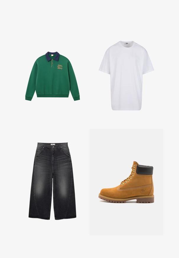 Grüne Sweatshirt mit navyfarbenem Kragen, goldener Stickerei und gerippten Bündchen. Verfügt über ein Pullover-Design und einen weichen, strukturierten Stoff. Klassischer sportlicher Stil.; Weiße Baumwoll-T-Shirt mit kurzen Ärmeln, rundem Ausschnitt, lockerer Passform und ohne sichtbare Logos oder Muster. Glatte Textur und minimalistisches Design.; PULL&BEAR MEGA BAGGY - Baggy Jeans - black; Beige Wildleder-Ankle-Boot mit schwarzem gepolstertem Kragen, goldenen Metallösen, weißen Nähdetalben und einer robusten Gummisohle mit ausgeprägtem Profil.