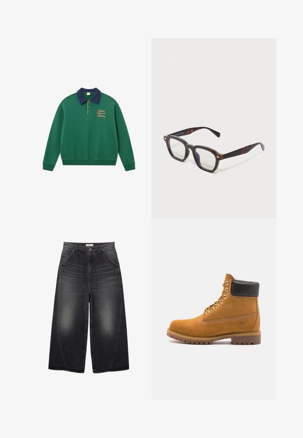 Zöld pulóver kék gallérral, arany hímzéssel és bordázott mandzsettákkal. Pulóver stílusú, puha, struktúrált anyagból készült. Klasszikus sportos stílus.; Fehér pamut póló rövid ujjal, kerek nyakú, laza szabású, és nincsenek látható logók vagy minták. Simább textúra és minimalista dizájn.; PULL&BEAR MEGA BAGGY - Túlméretezett farmernadrág - black; Barna velúr bokacipő fekete párnázott gallérral, arany fém fűzőlyukakkal, fehér varrási részletekkel és durva gumitalppal, amelynek kifejezett barázdái vannak.; Tortojás mintás, téglalap alakú szemüveg tiszta lencsékkel és finom arany díszítéssel a kereten, fehér háttér előtt.