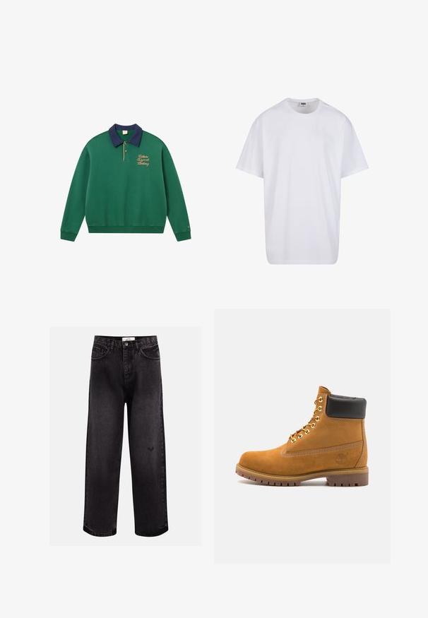Roheline kapuutsiga sviiter, tumesinise kraega, kullatud tikandiga ja soonikkoes varrukatega. Omab ülepea tõmmatavat disaini ja pehmet, tekstuurset kangast. Klassikaline sportlik stiil.; Valge puuvillane t-särk lühikeste varrukatega, ümmarguse kaelusega, lõdva lõikega ja ilma nähtavate logodeta või mustriteta. Sile tekstuur ja minimaalne disain.; Mustad denimistis püksid laia jala lõikega, millel on viis taskut, õmmeldud vöökoht ja diskreetne logo detail põlve lähedal.; Küpset tan suede sääreboot musta pehmea kraega, kuldsed metallist silmad, valge õmblemise detailid ja robustne kummist tallaga, millel on väljendunud mustrid.